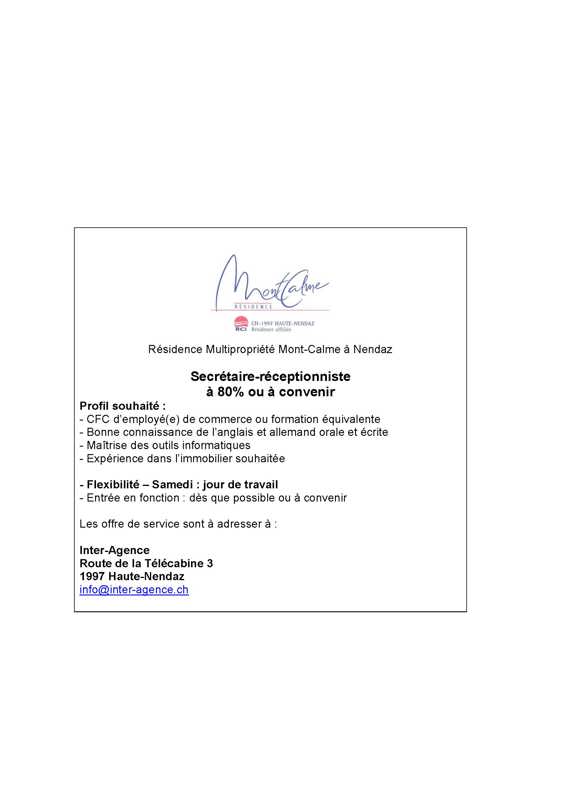 Poste de réceptionniste-secrétaire 80% ou à convenir