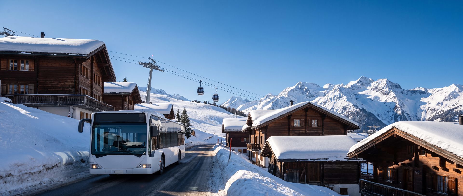 Navette gratuite sur une route enneigée de Verbier, entre chalets et télécabine