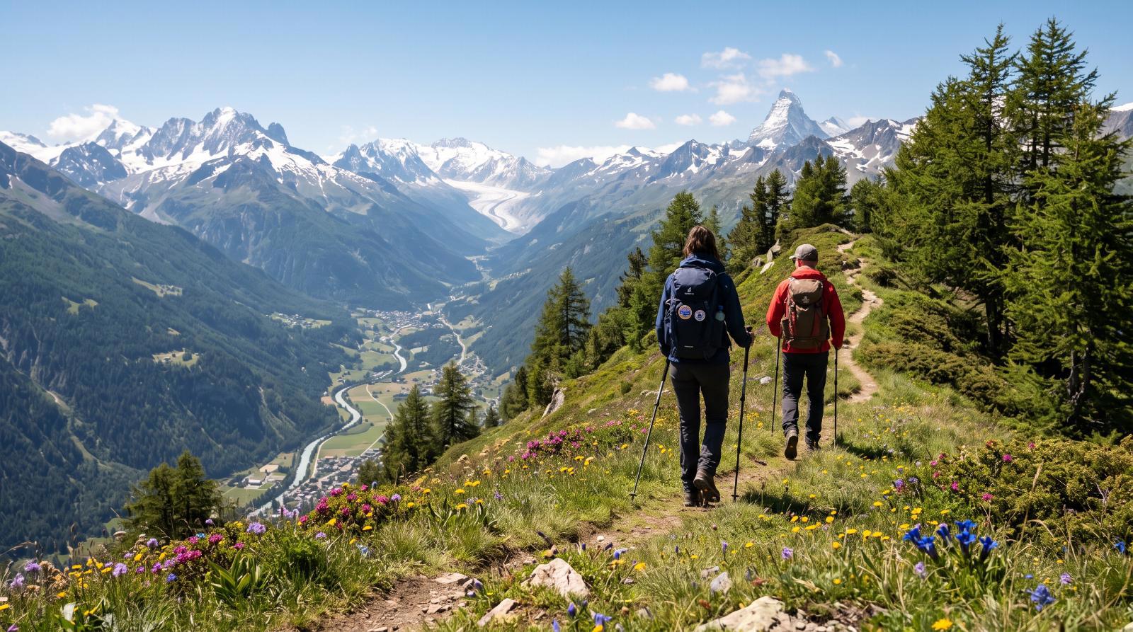 Hikers on an alpine trail in summer above Verbier, Val de Bagnes