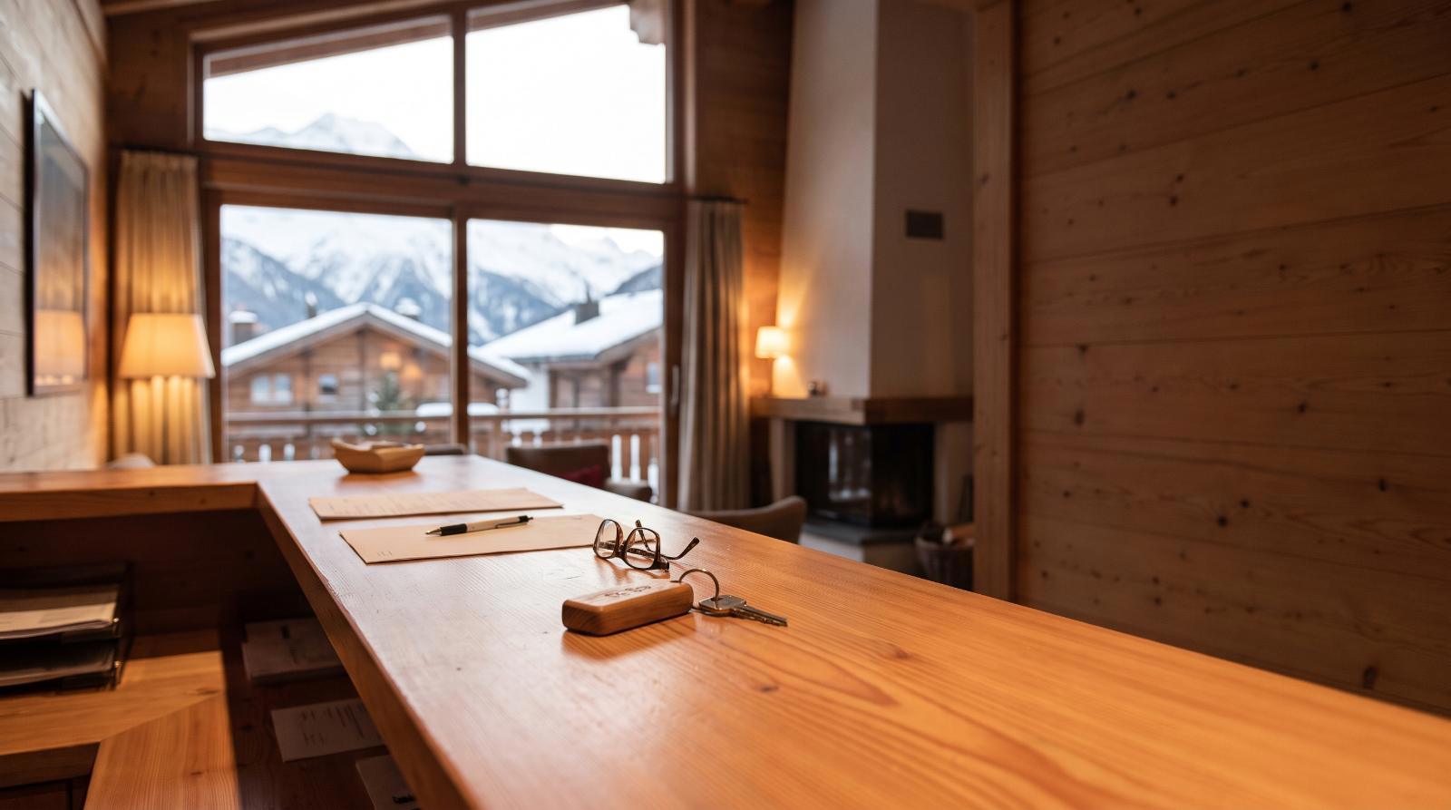 Chalet reception desk in Verbier overlooking snow-covered roofs, tourist tax